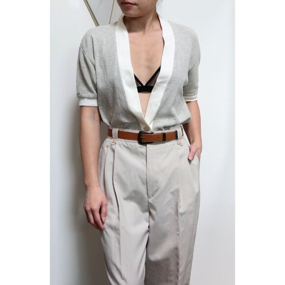 Vintage 80s Cream & Black Striped Short Sleeve Cardigan, Pinstripe Sweater - Picture 4 of 8